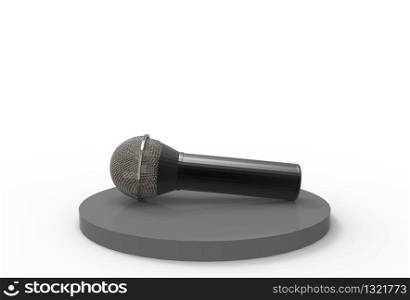 3d rendering. A microphone on black podium with copy space gray as background.