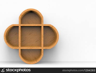 3d rendering. A new modern wood flower shape shelf with copy space gray cement wall as background.