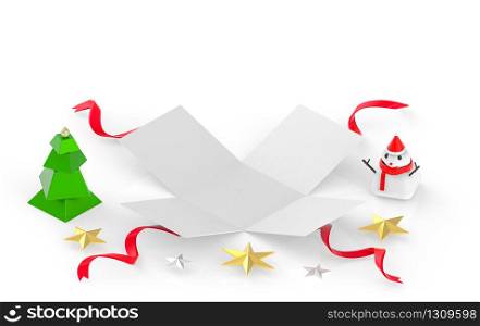 3d rendering. A opened white gift or present box with Christmas object sign on white floor background