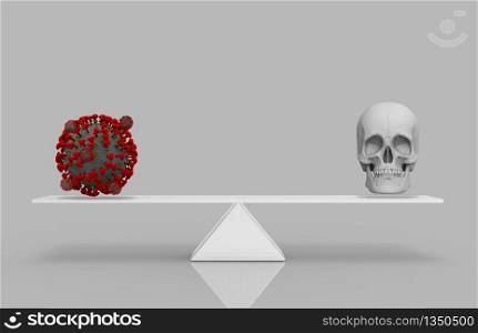 3d rendering. A red Covid-19 or corona virus with Human head skull equal on white triangle balance scale. Virus is death concept.