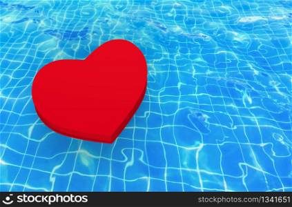3d rendering. A red heart floating on waving swimming pool surface background.