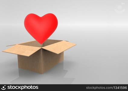 3d rendering. A red heart shape object eject from opened paper borwn box on copy space gray background.