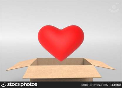 3d rendering. A red heart shape object eject from opened paper borwn box on copy space gray background.