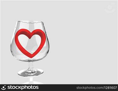 3d rendering. a red heart symbol in empty brandy glass with gray copy space background. love to drink concept.