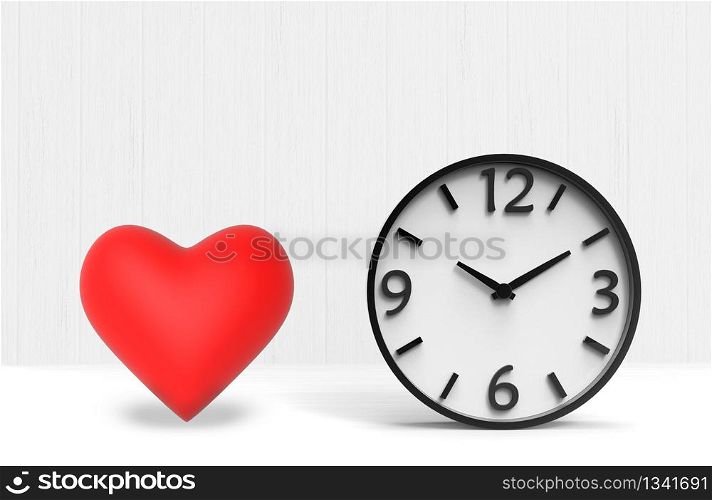 3d rendering. A red heart with white clock on white background. time or love concept.