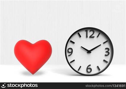 3d rendering. A red heart with white clock on white background. time or love concept.