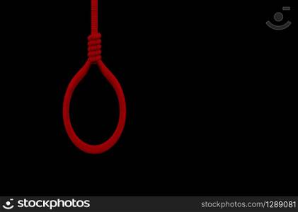 3d rendering. a red suicide rope on copy space black background. horror halloween symbol concept.