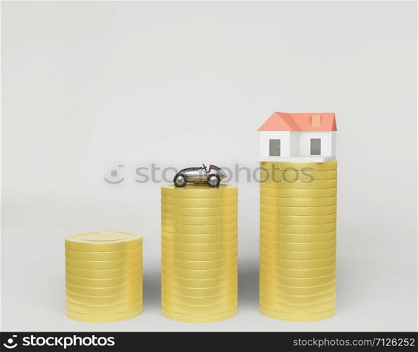 3d rendering ,a row of coins and a small house model,car