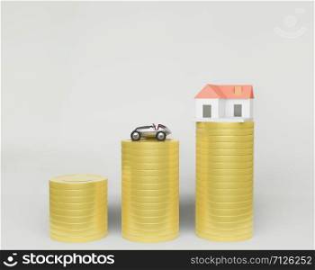 3d rendering ,a row of coins and a small house model,car