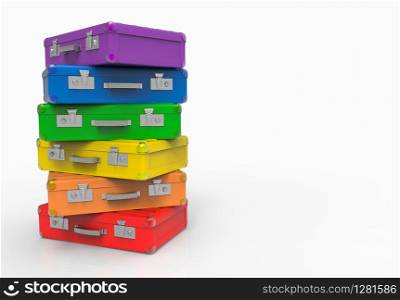 3d rendering. A stack of Colorful Suitcase on gray color copy space background. LGBTQ color concept.