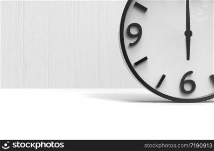 3d rendering. a wake up time at six clock on copy space white wood floor and wall background.