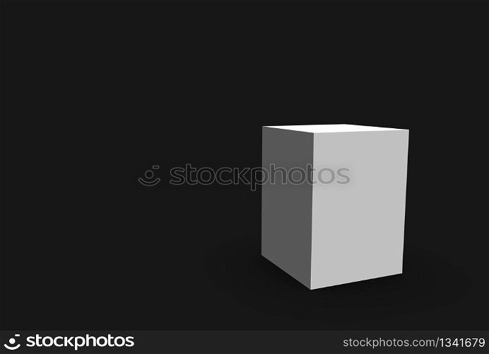 3d rendering. A white cube box on dark black room wall background.