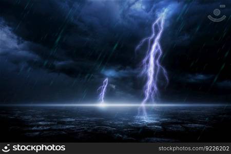 3D Rendering Abstract asphalt light in a dark empty street and cloudy storm, rain and lightning