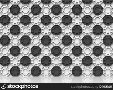 3d rendering. Abstract chess board color hexagonal style pattern wall background with reflection on the floor.