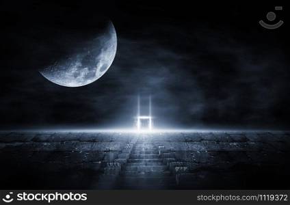 3D rendering Abstract, concept, stairs to success, old cement stairs, path to the door, light at night, with the moon in front