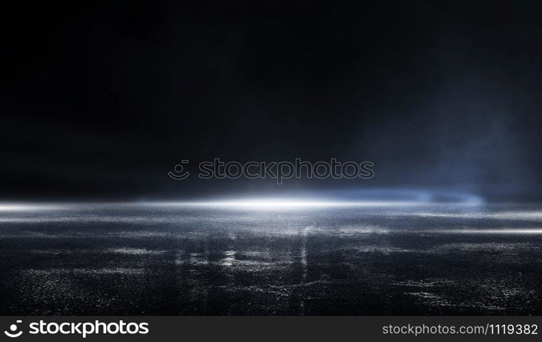 3D rendering abstract dark empty scene, blue neon searchlight light, wet asphalt, smoke, night view, rays. with mist light high speed