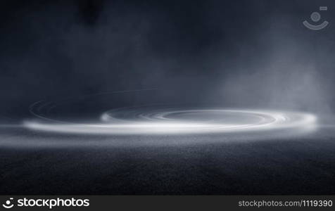 3D Rendering abstract dark night creative blurry outdoor asphalt background with mist light high speed