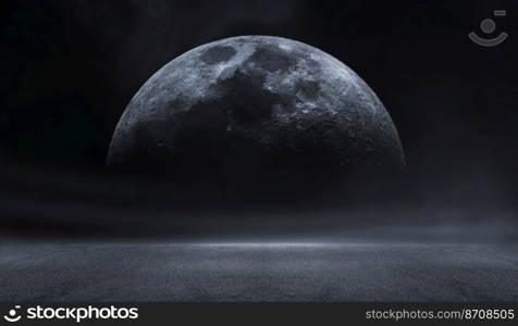 3D Rendering abstract dark night creative blurry outdoor asphalt on moon background.