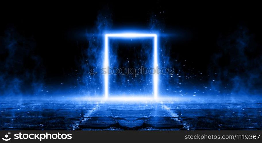 3D Rendering Abstract Door light fantastic scene. empty stage, room with light element, neon light, abstract light. Reflection on the wet surface of neon light.