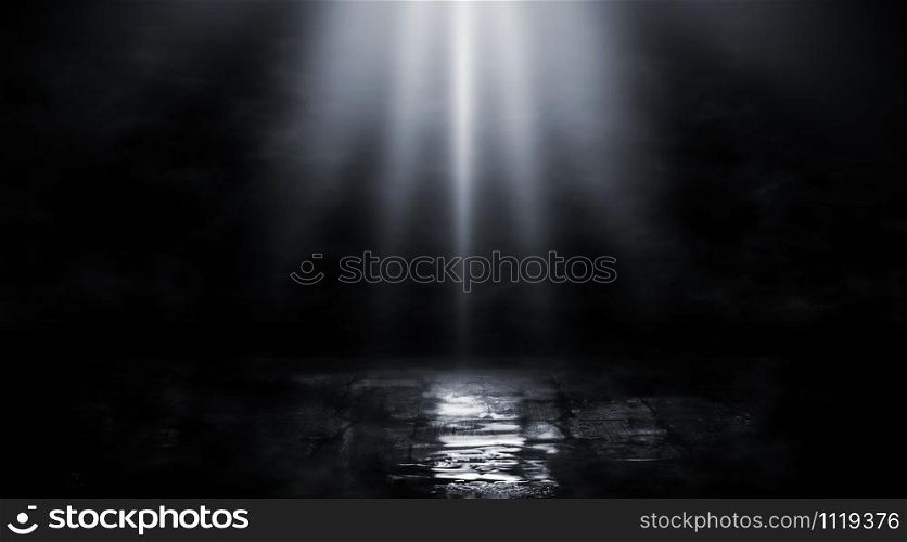 3D Rendering abstract empty street scene background with abstract spotlights light. Night view of street light reflected on water. Rays through the fog. Smoke, fog, wet asphalt with reflection of lights.