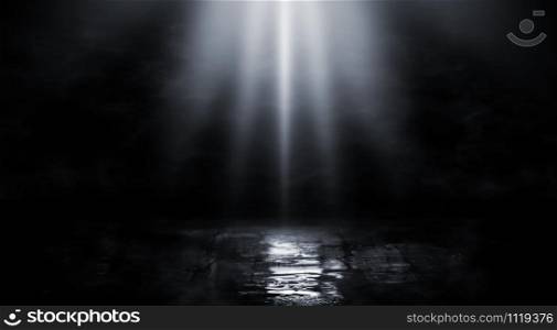 3D Rendering abstract empty street scene background with abstract spotlights light. Night view of street light reflected on water. Rays through the fog. Smoke, fog, wet asphalt with reflection of lights.