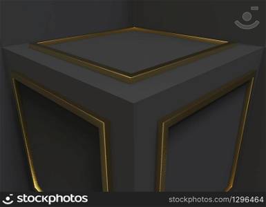 3d rendering. Abstract golden square shape block on dark color cube boxes cornor wall background.