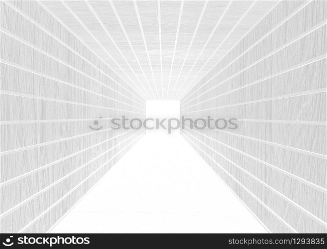 3d rendering. Abstract Long white wood wall hallway with the light at the end.