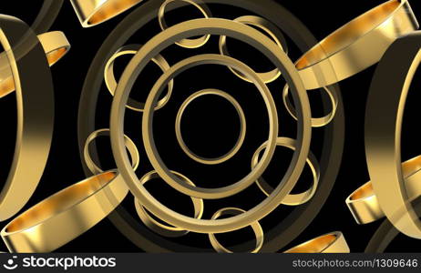 3d rendering. Abstract luxurious Goiden ring shape particle design pattern on black background.