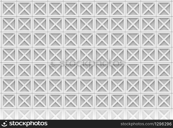 3d rendering. Abstract luxurious modern white X square boxs group wall background with reflection on the floor.