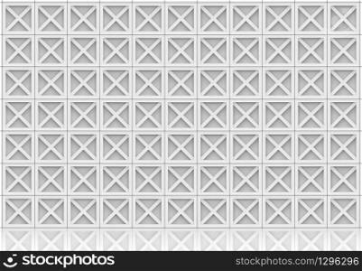 3d rendering. Abstract luxurious modern white X square boxs group wall background with reflection on the floor.