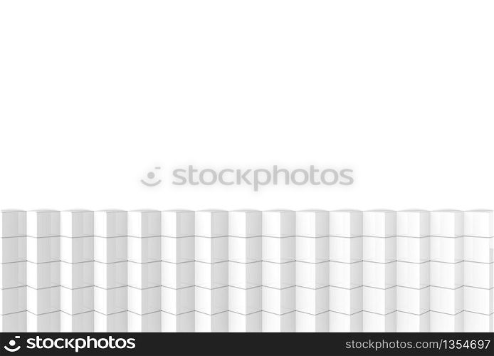 3d rendering. abstract modern art pattern white cube boxes stack on white wall background.