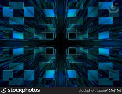 3d rendering. Abstract modern futuristic high blue square motion throughing from the wall background.