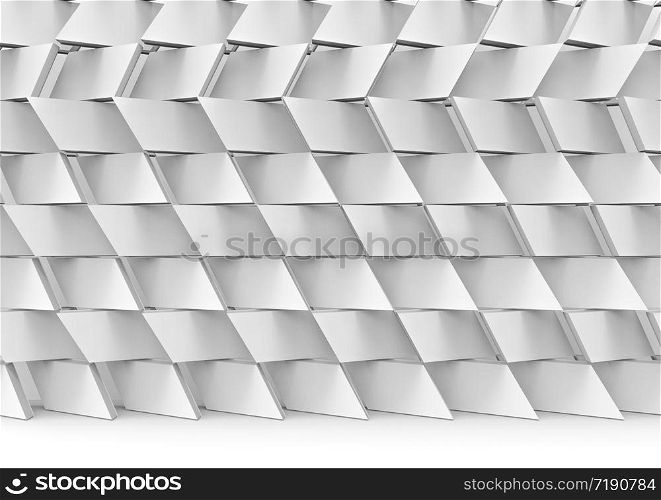 3d rendering. Abstract modern random gray trapezoid pattern ceramic stack wall background.