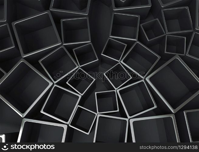 3d rendering. Abstract Modern randoming Black Square shape pattern wall background.