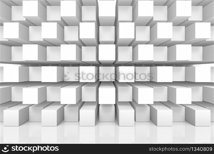 3d rendering. abstract modern stack of random luxury white cube boxes wall design background.