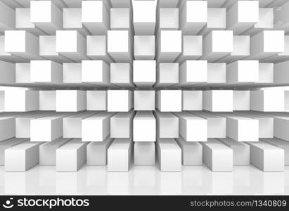 3d rendering. abstract modern stack of random luxury white cube boxes wall design background.