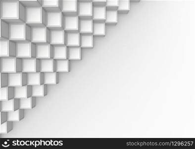3d rendering. Abstract modern white square cube box stack on copy space gray background.