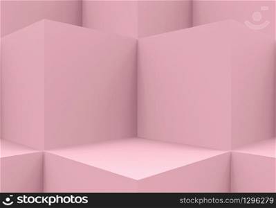 3d rendering. Abstract Pink cube boxes cornor wall background.