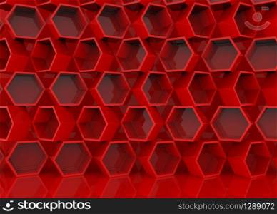 3d rendering. Abstract ramdoming red hexagonal stack wall background.