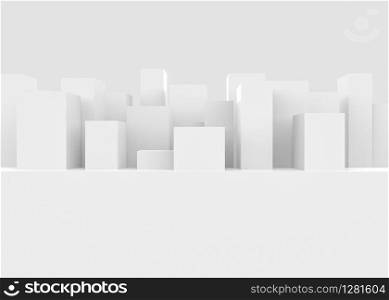 3d rendering. Abstract Random white cube boxes on Copy space rectangle wall background.