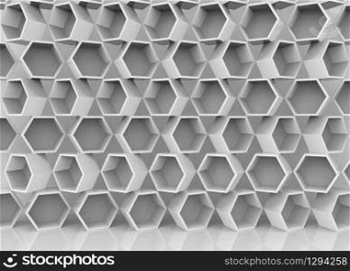 3d rendering. Abstract randoming white hexagonal stack wall background.
