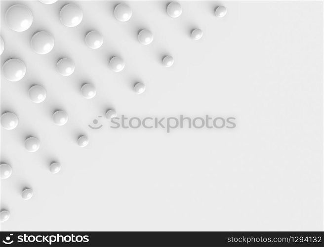 3d rendering. Abstract several size of White sphere button decorate on copy space gray wall background.