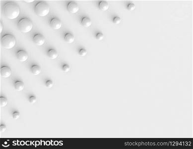 3d rendering. Abstract several size of White sphere button decorate on copy space gray wall background.