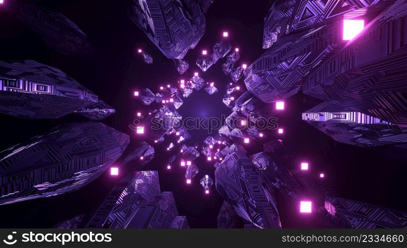 3D Rendering. Abstract technology big data background concept. Motion of digital data flow. Transferring of big data. Transfer and storage of data sets , block chain, server, hi-speed internet. 3D Rendering. Abstract futuristic geometric shapes background. Cyberpunk
