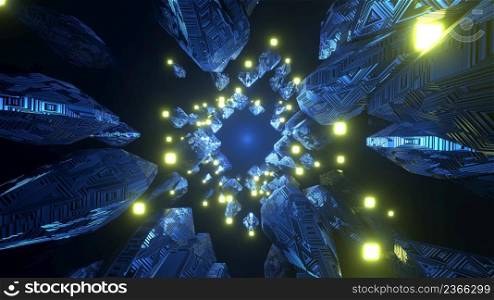3D Rendering. Abstract technology big data background concept. Motion of digital data flow. Transferring of big data. Transfer and storage of data sets , block chain, server, hi-speed internet. 3D Rendering. Abstract futuristic geometric shapes background. Cyberpunk