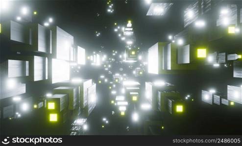 3D Rendering. Abstract technology big data background concept. Motion of digital data flow. Transferring of big data. Transfer and storage of data sets , block chain, server, hi-speed internet. 3D Rendering. Abstract futuristic geometric shapes background