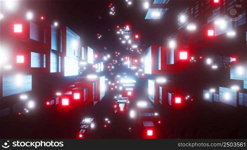 3D Rendering. Abstract technology big data background concept. Motion of digital data flow. Transferring of big data. Transfer and storage of data sets , block chain, server, hi-speed internet. 3D Rendering. Abstract futuristic geometric shapes background