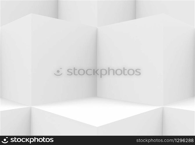 3d rendering. Abstract white cube boxes cornor wall background.