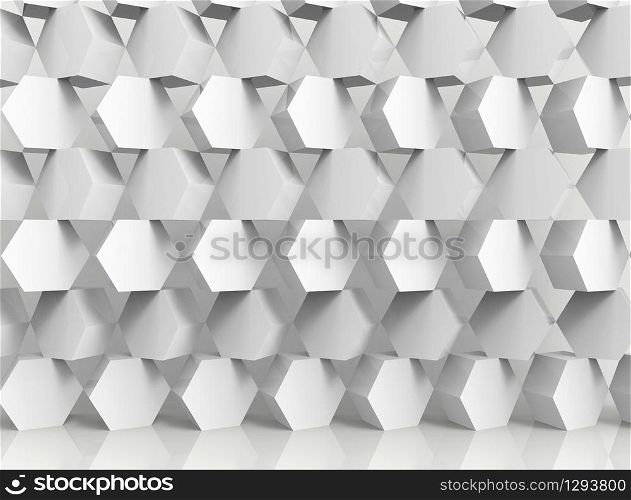 3d rendering. Abstract white hexagonal shape stack wall background.