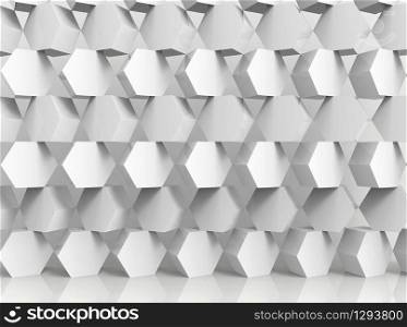 3d rendering. Abstract white hexagonal shape stack wall background.
